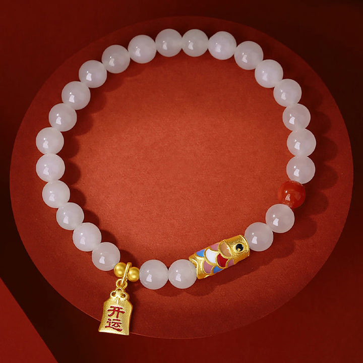 Bracciale Buddha Stones 925 Sterling Silver Hetian Giada Bianca Agata Rossa Koi Pesce Fortuna Felicità