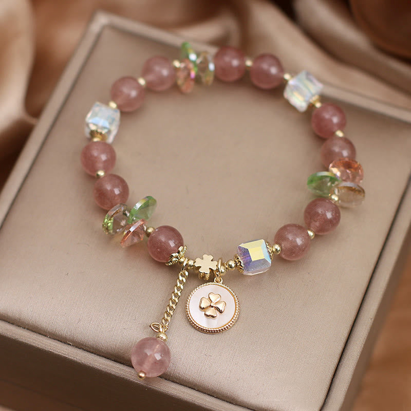 Braccialetto portafortuna con ciondolo curativo a forma di quadrifoglio fortunato in quarzo fragola Buddha Stones