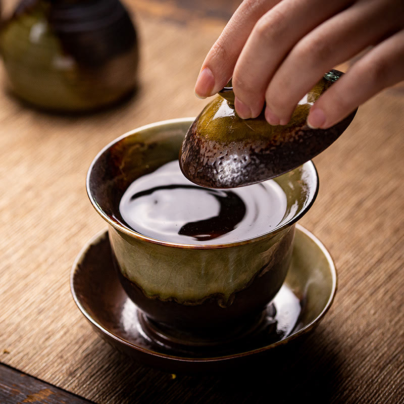Buddha Stones Vintage Brown Kiln Change Design Porcellana Ceramica Gaiwan Sancai Tazza da tè Kung Fu Tazza da tè e piattino con coperchio