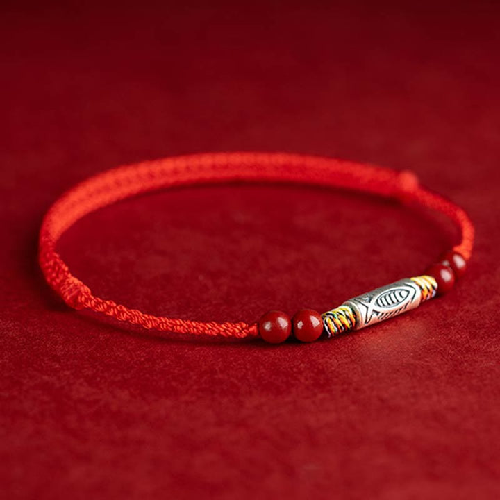 Buddha Stones 925 Sterling Silver Koi Fish Cinnabar Bead Wealth Braccialetto intrecciato artigianale Cavigliera