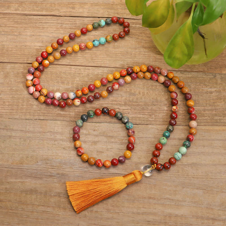 Buddha Stones 108 Mala Beads Mookaite Braccialetto di crescita emozionale Collana con nappa Pendente