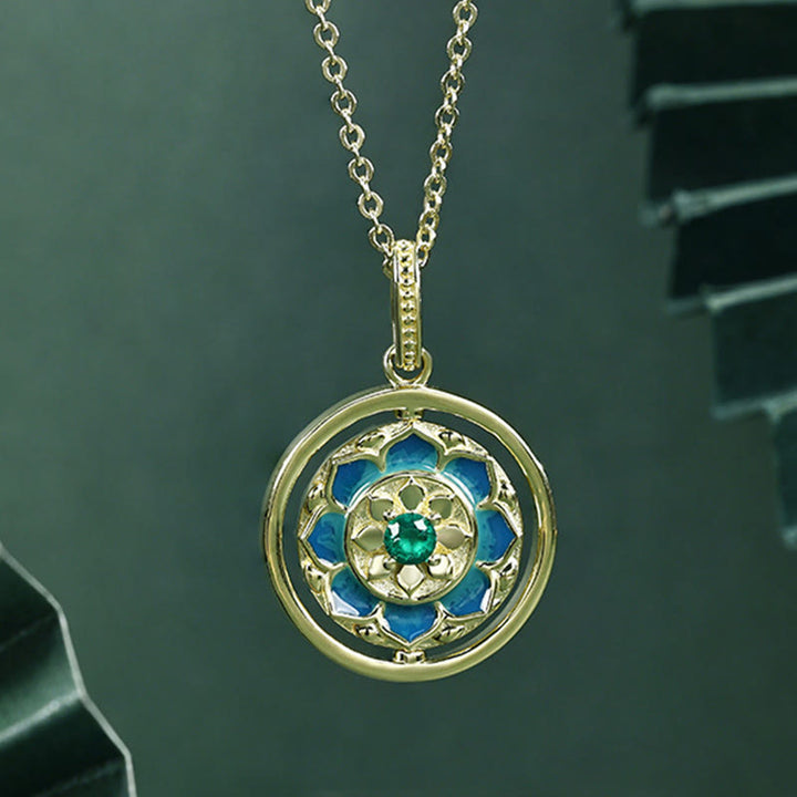 Collana con ciondolo girevole Buddha Stones 925 Sterling Silver Lotus Flower Floral Zircon Enlightenment