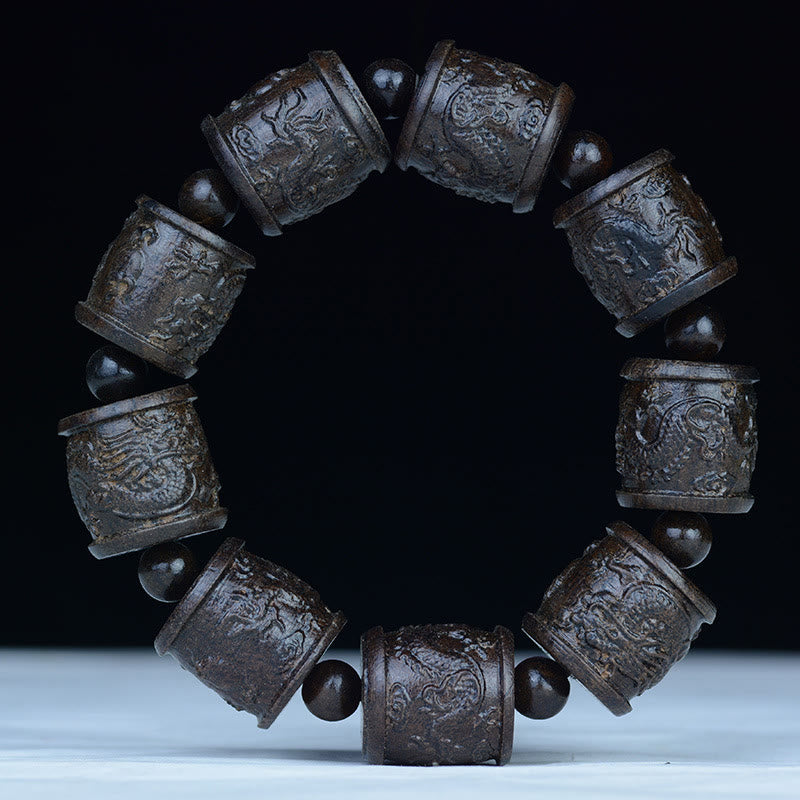 Braccialetto di equilibrio inciso Buddha Stones, legno di ebano, diciotto Arhat, drago di loto