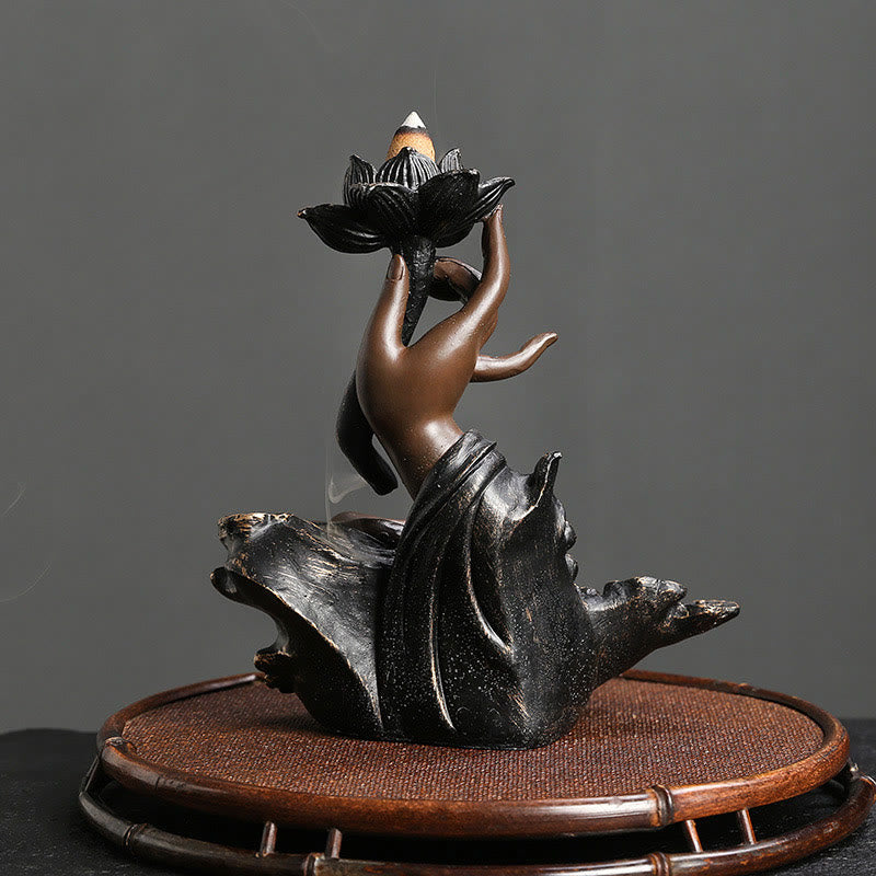 Buddha Stones Loto Mano di Buddha Nuvole di Buon Auspicio Modello Meditazione Resina Bruciatore di Incenso a Riflusso