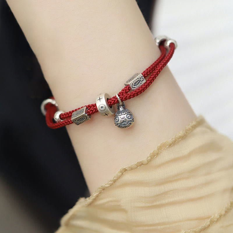 Bracciale intrecciato a mano Buddha Stones 925 Sterling Silver Gold con pesce Koi che ingoia la bestia