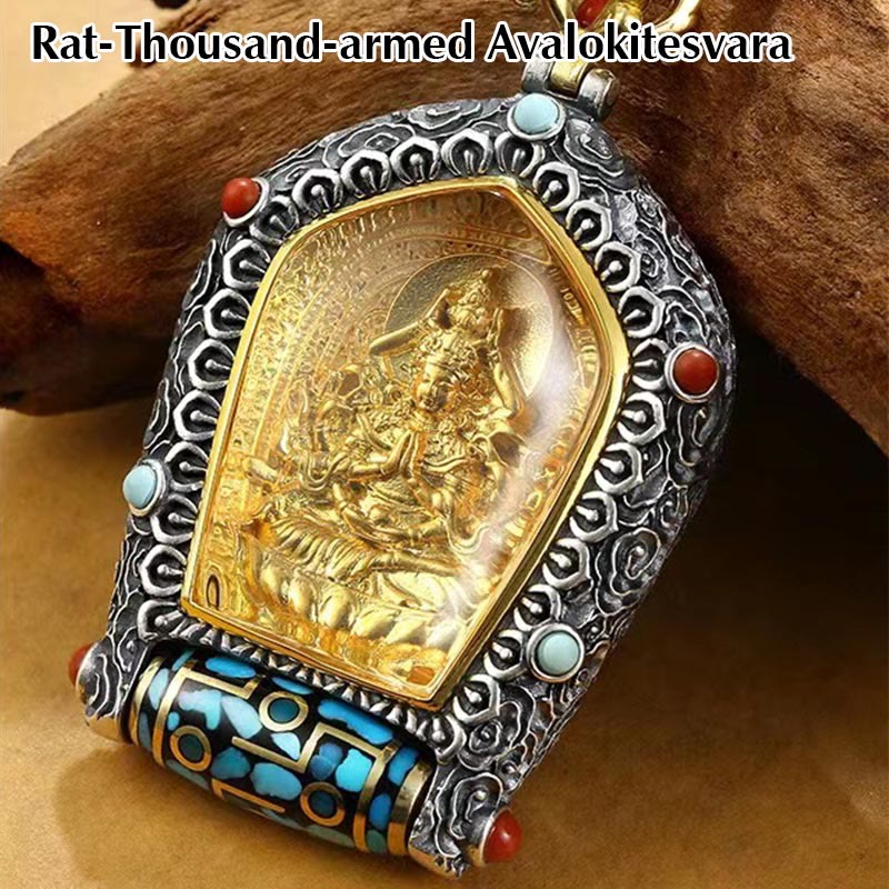 Collana con ciondolo con perline Dzi girevole Tibet Zodiaco cinese Natale Buddha Thangka Prosperità - Avalokitesvara dalle mille braccia del ratto - image 2