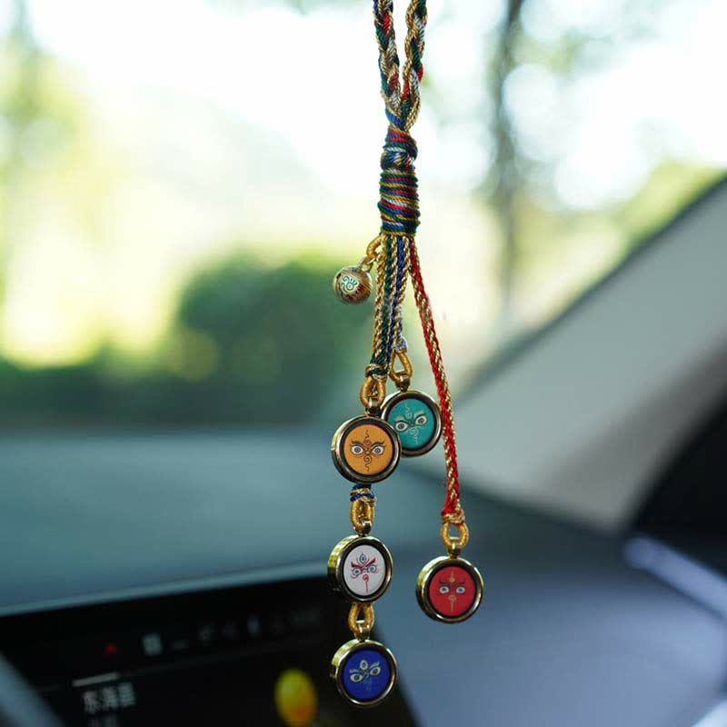 Decorazione da appendere alla parete dell'auto con protezione Thangka dei cinque dei della ricchezza, realizzata a mano in Tibet