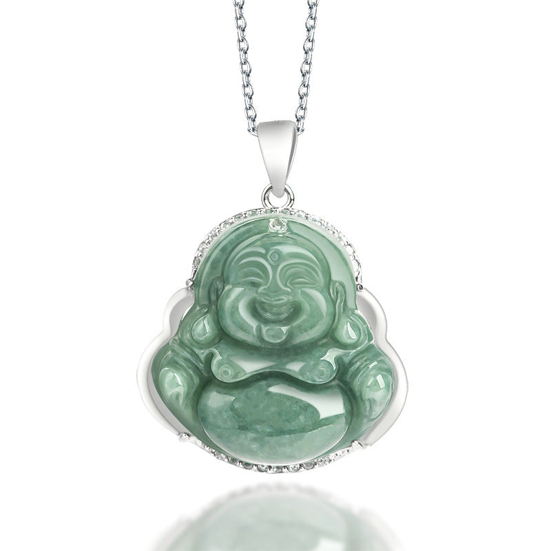 Collana con ciondolo a Buddha Stones in argento sterling 925 con Buddha che ride e giada, abbondanza - Giada (Prosperità ♥ Abbondanza) - image 1