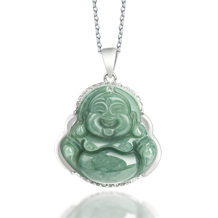 Collana con ciondolo a Buddha Stones in argento sterling 925 con Buddha che ride e giada, abbondanza - Giada (Prosperità ♥ Abbondanza) - image 1