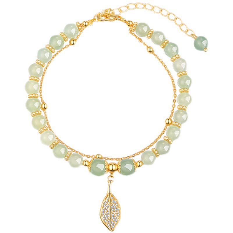 Braccialetto di perline con carattere Fu , Buddha Stones di giada, foglia di ginkgo, tulipano, arachidi e fortuna
