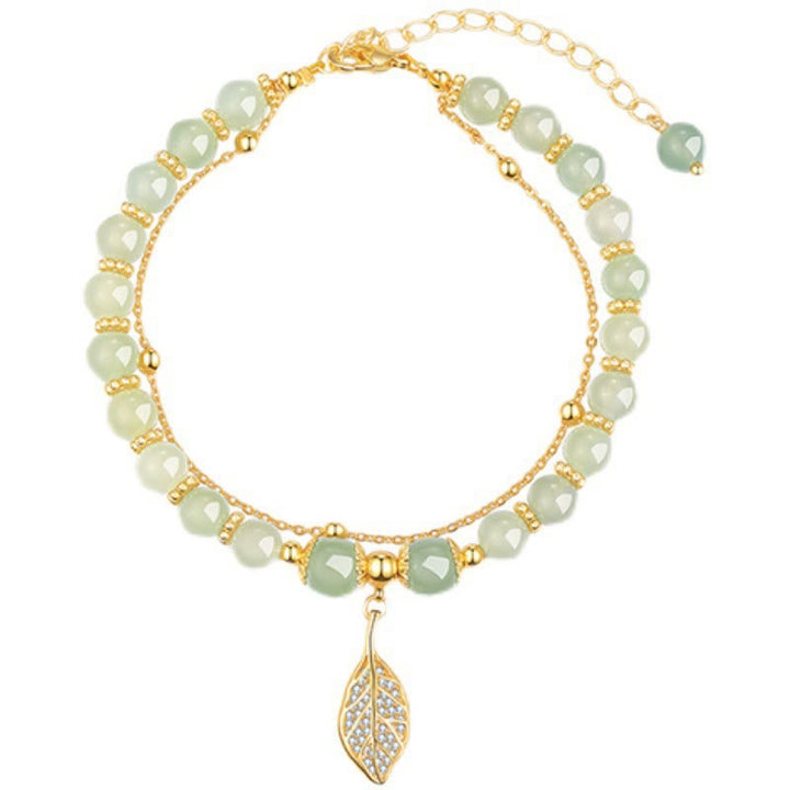Braccialetto di perline con carattere Fu , Buddha Stones di giada, foglia di ginkgo, tulipano, arachidi e fortuna
