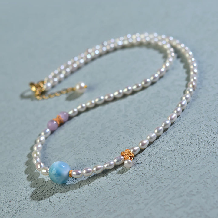 Collana con ciondolo in argento sterling 925 con perle naturali e larimar, motivo: Buddha Stones
