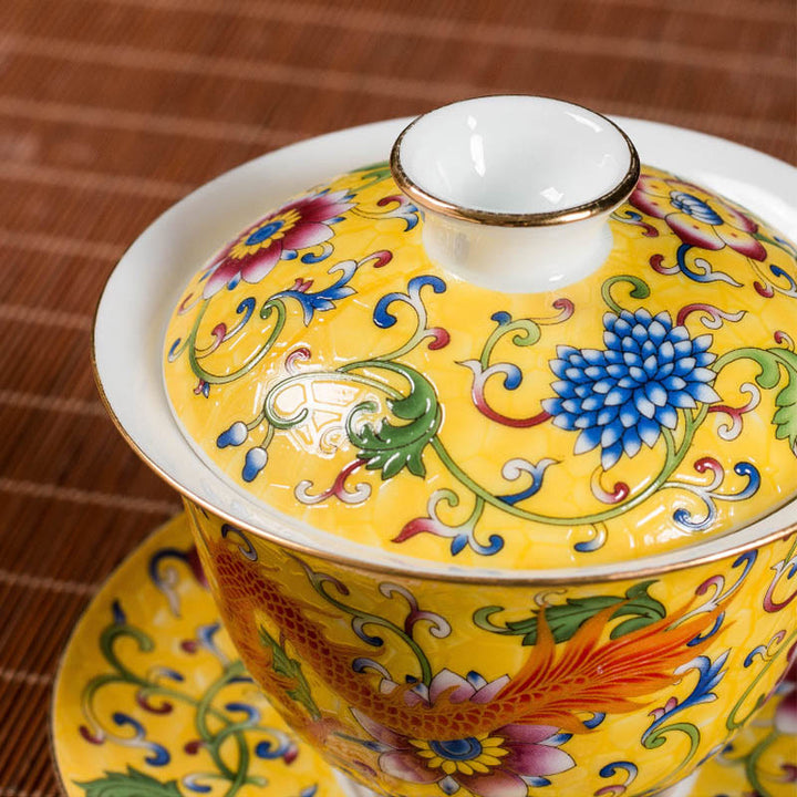 Buddha Stones Dragon Phoenix Flower Design Ceramica Gaiwan Sancai Tazza da tè Kung Fu Tazza da tè e piattino con coperchio