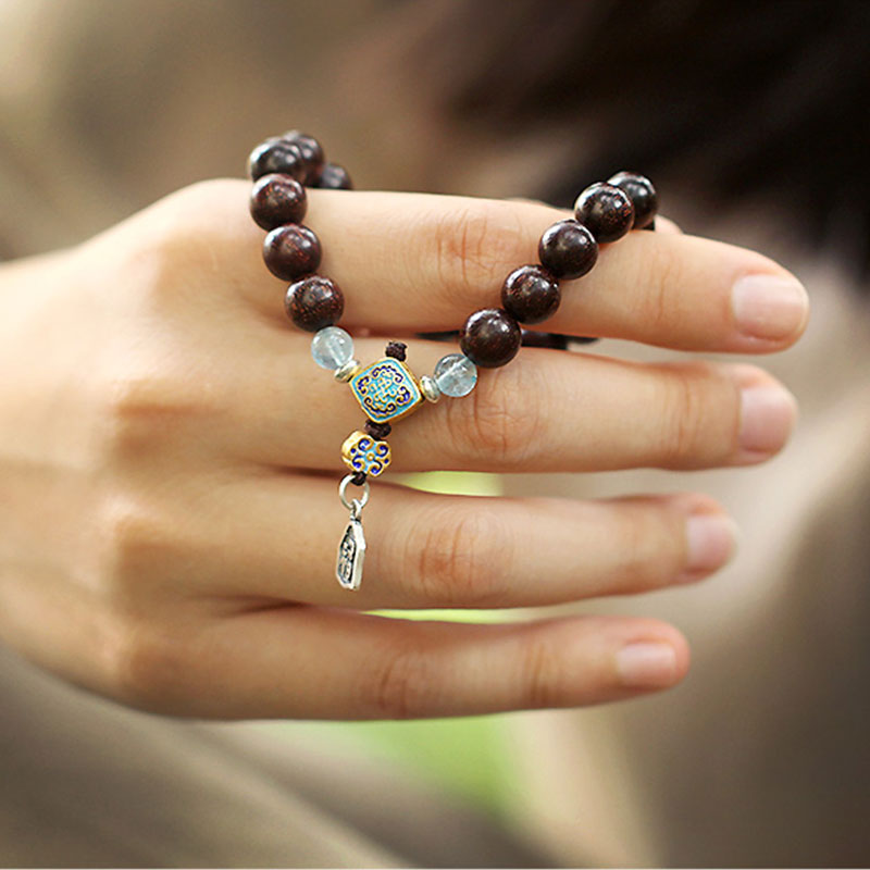 Bracciale Buddha Stones 925 Sterling Silver Indiano Piccola Foglia Sandalo Rosso Acquamarina Pieno di Stella d'Oro Cinese Nodo Benedizione Bracciale