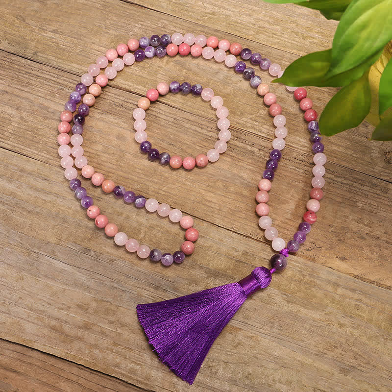 Buddha Stones 108 Mala Beads Ametista Quarzo Rosa Braccialetto con Nappa di Guarigione Spirituale