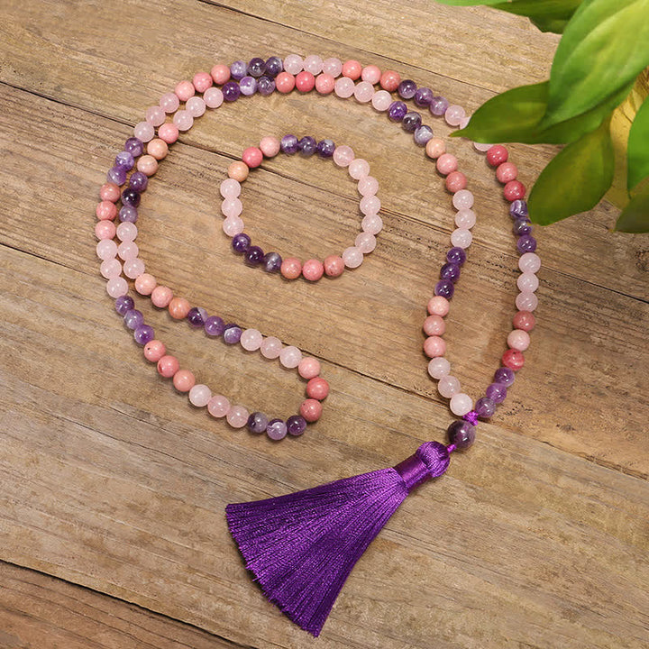 Buddha Stones 108 Mala Beads Ametista Quarzo Rosa Braccialetto con Nappa di Guarigione Spirituale