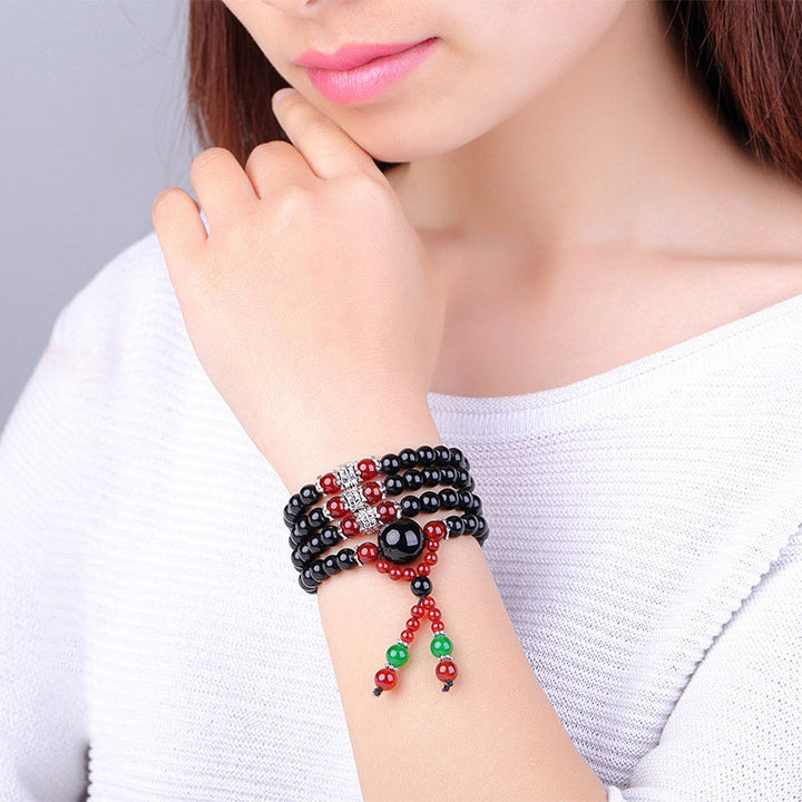 Buddha Stones Bracciale Mala con 108 perle in ossidiana nera naturale e occhio di tigre - image 16