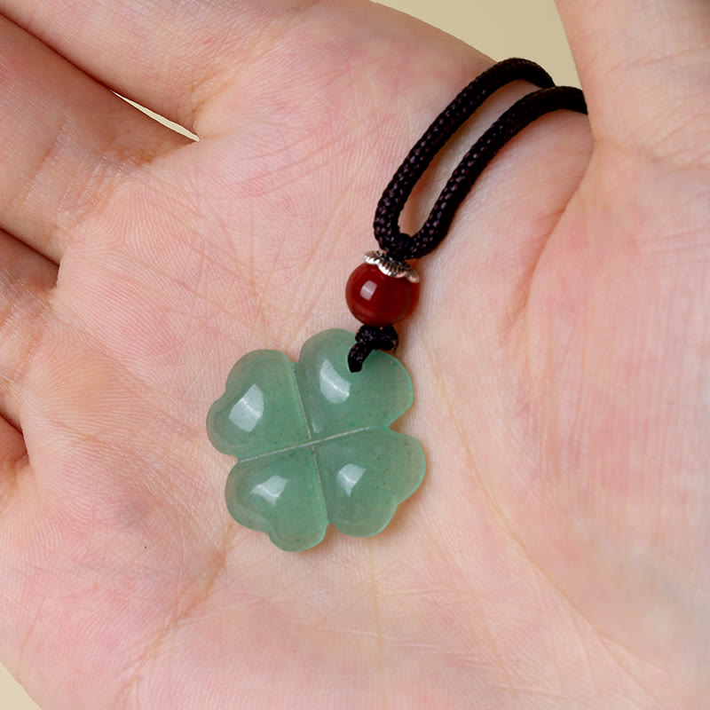 Collana con ciondolo in corda di cuoio con quadrifoglio e avventurina verde in argento sterling 925 Buddha Stones