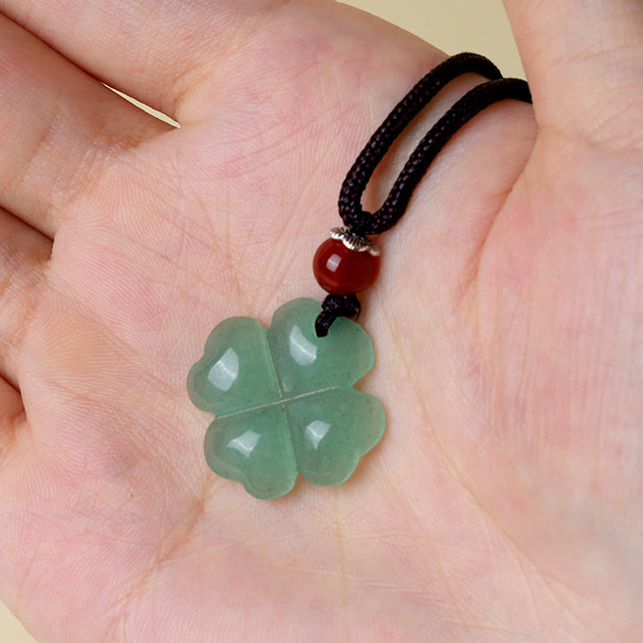 Collana con ciondolo in corda di cuoio con quadrifoglio e avventurina verde in argento sterling 925 Buddha Stones