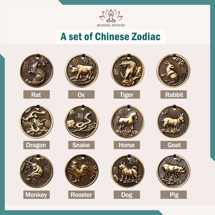 Portachiavi con decorazione in rame con zodiaco cinese e fortuna