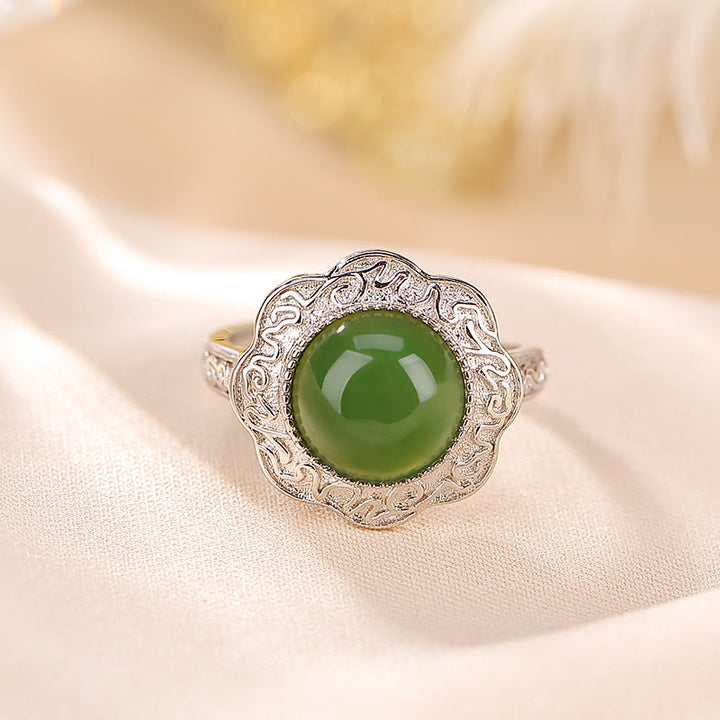 Anello regolabile con design a forma di fiore in giada ciano Hetian in argento sterling 925 Buddha Stones