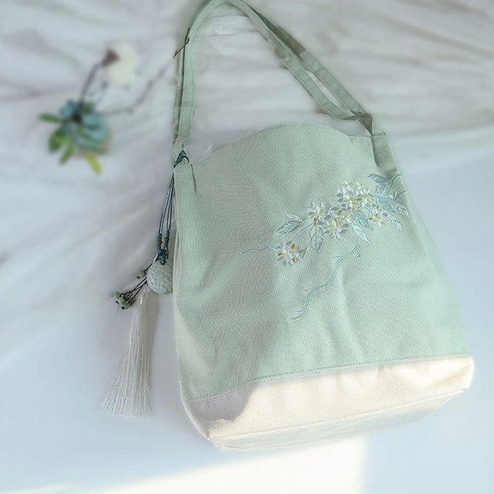 Buddha Stones Flower Crane Plum Blossom Ricamo Tela Grande Capacità Borsa a Tracolla Tote Bag