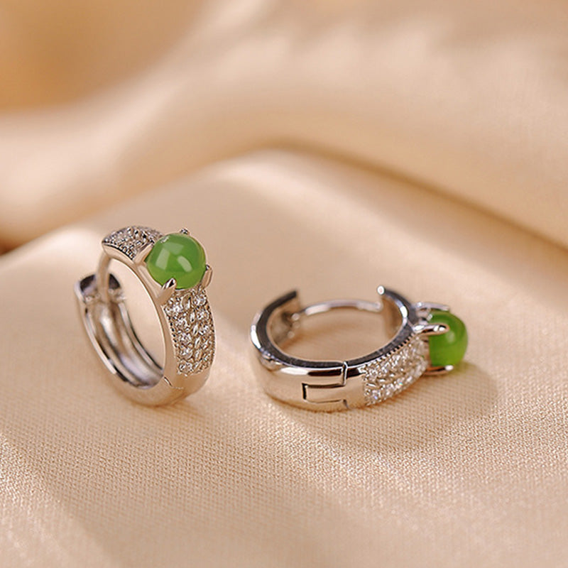 Orecchini a bottone rotondi in argento sterling 925 con Buddha Stones e giada ciano