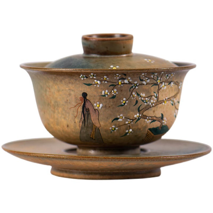 Buddha Stones Jingdezhen dipinte a mano Ru Kiln porcellana Hanfu ragazza fiore ceramica Gaiwan Sancai tazza da tè Kung Fu tazza da tè e piattino con coperchio
