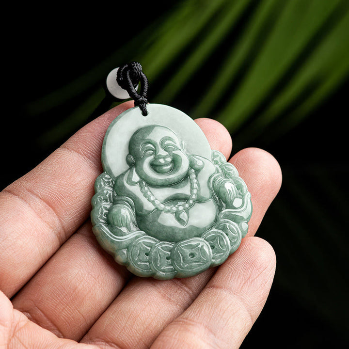 Buddha Stones Buddha che ride Collana con ciondolo in giada naturale con moneta di rame e abbondanza