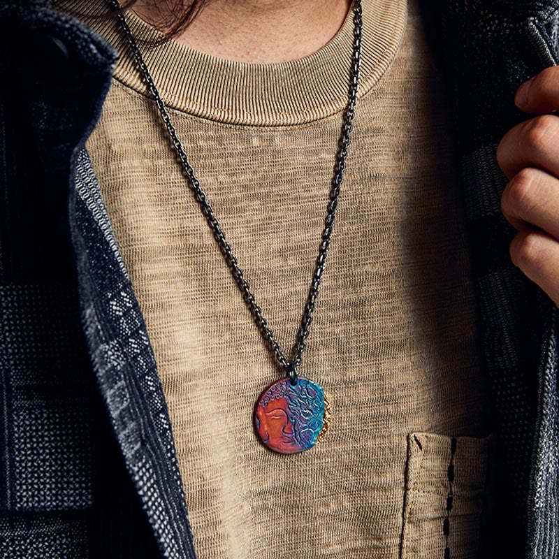 Collana con ciondolo a forma Buddha Stones in argento sterling 999 e oro 24K, metà demone e metà Buddha, con compassione - image 12