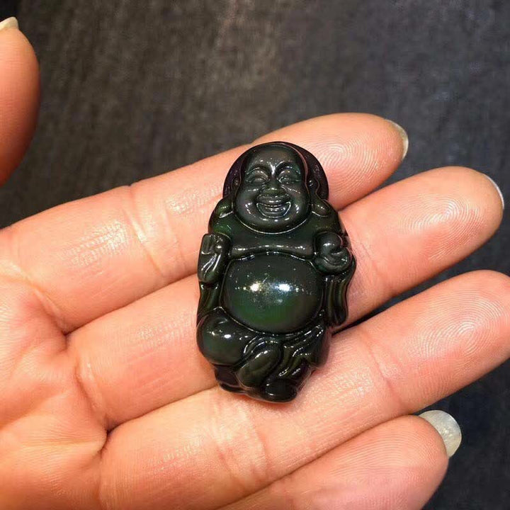 Collana con ciondolo Buddha che ride in ossidiana arcobaleno naturale con pace interiore - image 8