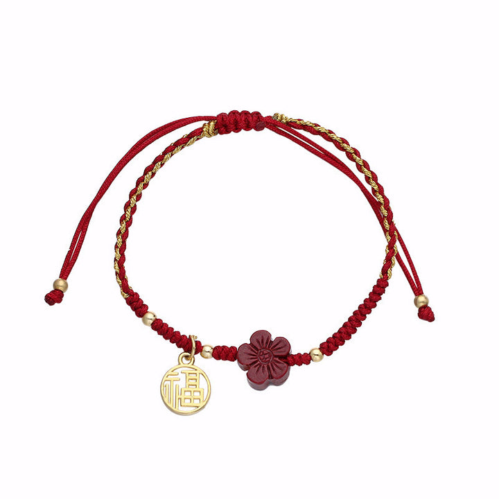 Braccialetto intrecciato con corda e carattere Fu, fiore di cinabro e Buddha Stones
