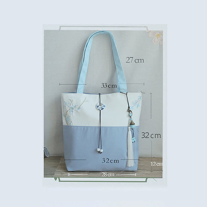 Borsa a tracolla grande capacità in tela con ricamo in bambù, prugna, fiore di pera, pesco