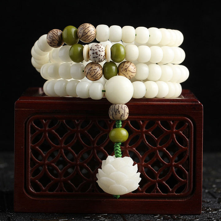 Collana con bracciale in giada bianca Bodhi Lotus Mala Harmony Buddha Stones
