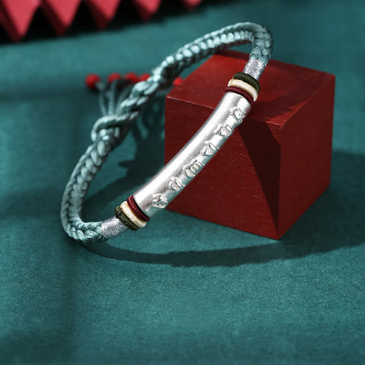 Braccialetto di corda di protezione e forza Om Mani Padme Hum in argento sterling 999 Buddha Stones