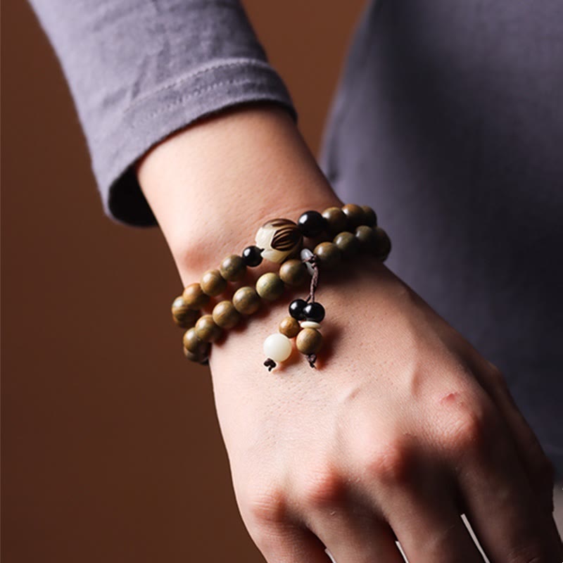 Braccialetto a doppio giro rilassante Buddha Stones Sandalo verde Bodhi Seed Lotus