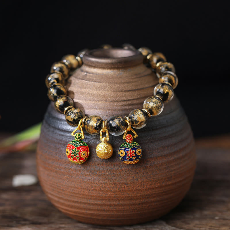 Buddha Stones Oro Ingoiando Bestia Famiglia Ciondolo Oro Argento Lamina Liuli Perline di Vetro Braccialetto Benedizioni