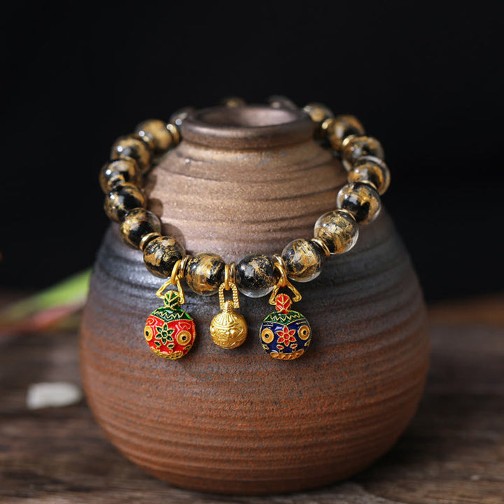 Buddha Stones Oro Ingoiando Bestia Famiglia Ciondolo Oro Argento Lamina Liuli Perline di Vetro Braccialetto Benedizioni