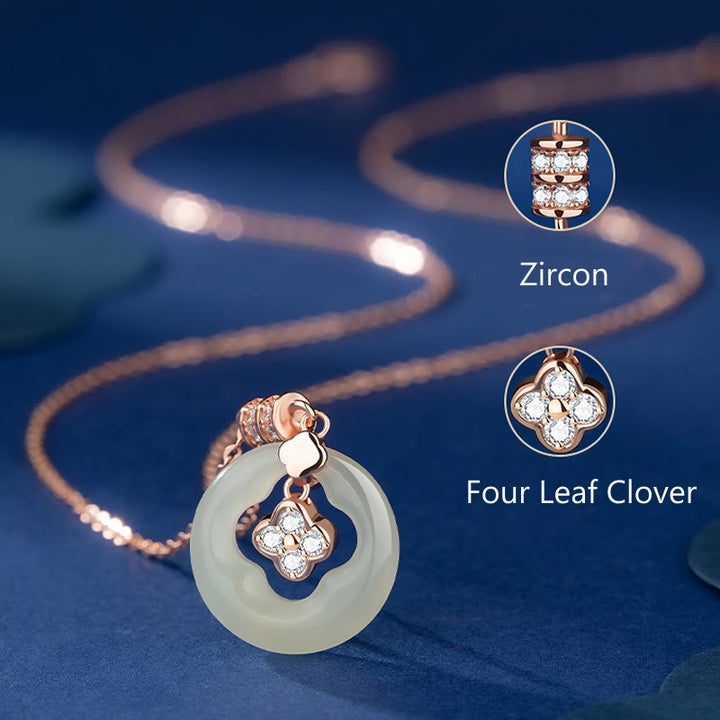 Buddha Stones 925 Sterling Silver Hetian Jade naturale Lucky Four Leaf Clover Zircone Collana pendente con scatola regalo
