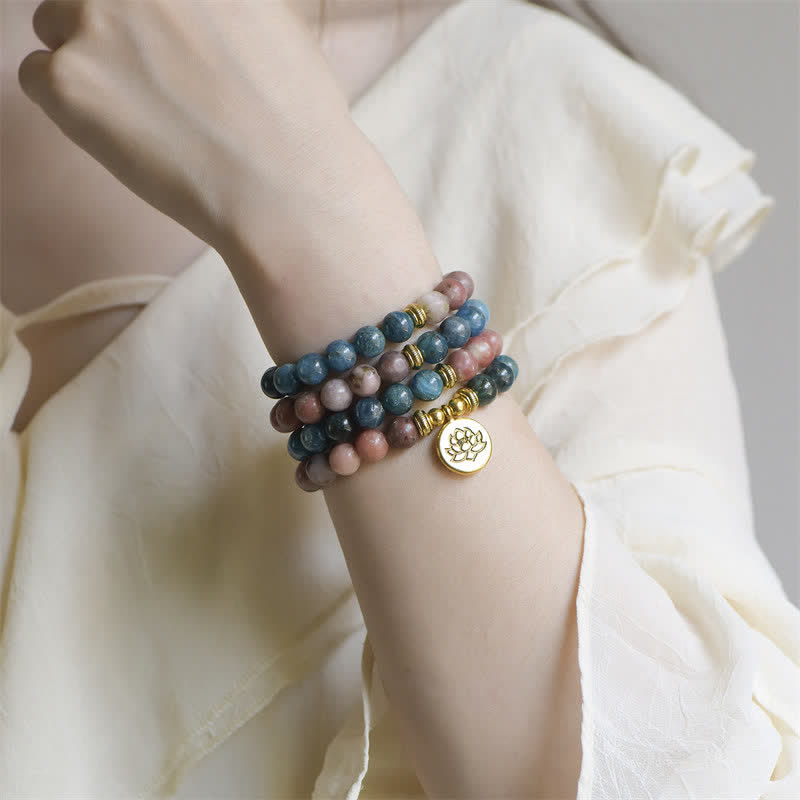 Braccialetto di perline di preghiera con Buddha Stones, lazurite, lapislazzuli, diaspro Picasso, amazzonite, rodonite, apatite e loto positivo - image 15
