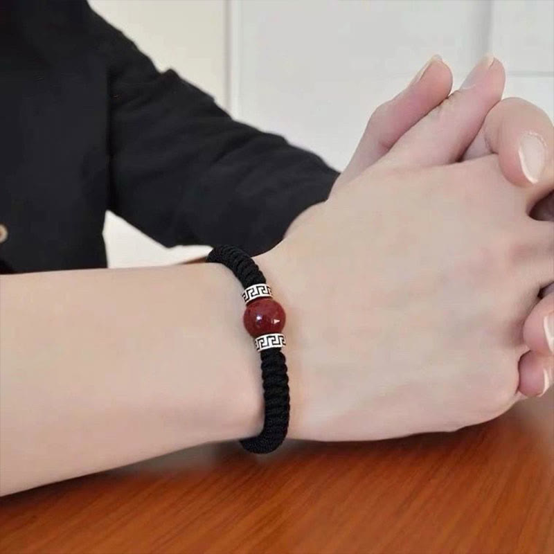 Braccialetto in corda intrecciata fatto a mano con perline di cinabro naturale in argento sterling 925 Buddha Stones