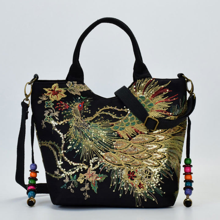 Borsa a tracolla con ricamo a doppia faccia con Buddha Stones e pavone
