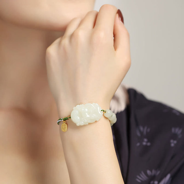 Braccialetto in argento sterling 925 con zodiaco cinese Hetian Jade Happiness Luck String