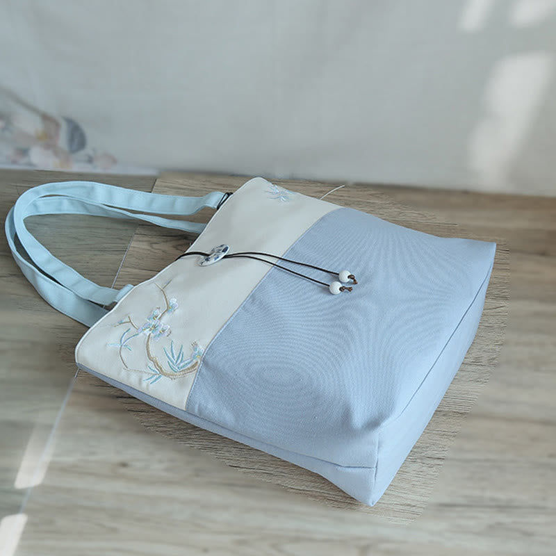 Borsa a tracolla grande capacità in tela con ricamo in bambù, prugna, fiore di pera, pesco