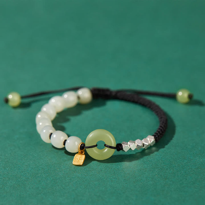 Braccialetto con ciondolo di fortuna e felicità con perline e fibbia della pace in giada Hetian in argento sterling 925 Buddha Stones
