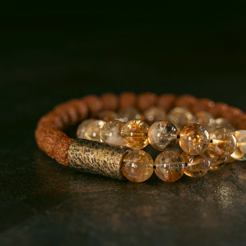 Braccialetto Buddha Stones Natural Citrine Crystal Rudraksha Bodhi Seed Brass Bead Prosperity Double Wrap
