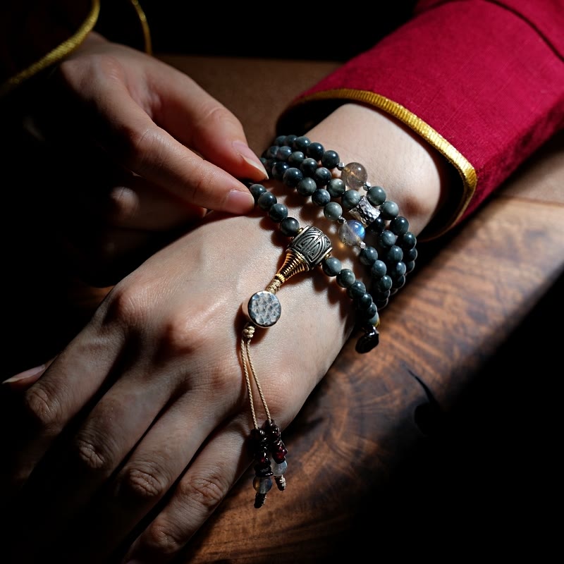 Buddha Stones Argento Sterling 925 108 Perline Mala Pietra Occhio d'Aquila Pietra di Luna Braccialetto Positivo