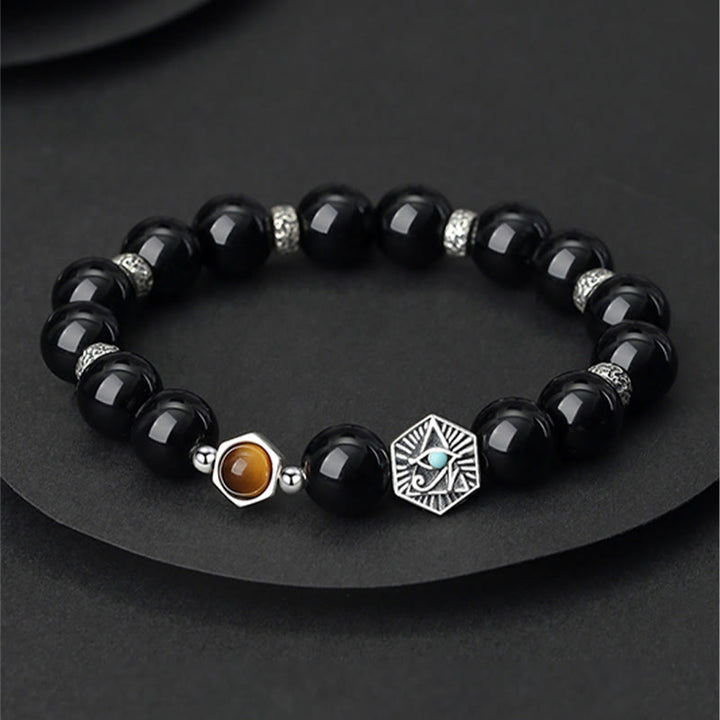 Braccialetto di purificazione Occhio di Tigre Occhio della Provvidenza in Argento Sterling 925 Buddha Stones - Ossidiana nera e occhio di tigre - image 0