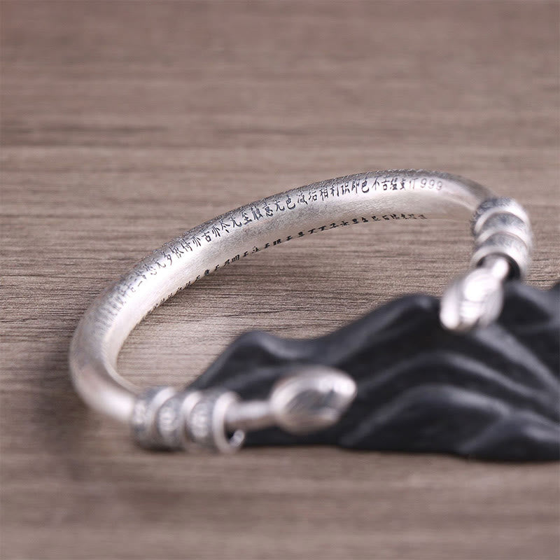 Buddha Stones 999 Sterling Silver Heart Sutra Om Mani Padme Hum Inciso Peace Purezza Bracciale Bangle
