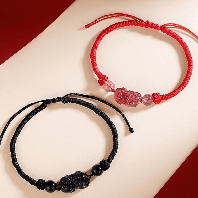 Braccialetto intrecciato di protezione PiXiu in quarzo fragola con ossidiana lucida in argento naturale fatto a mano Buddha Stones